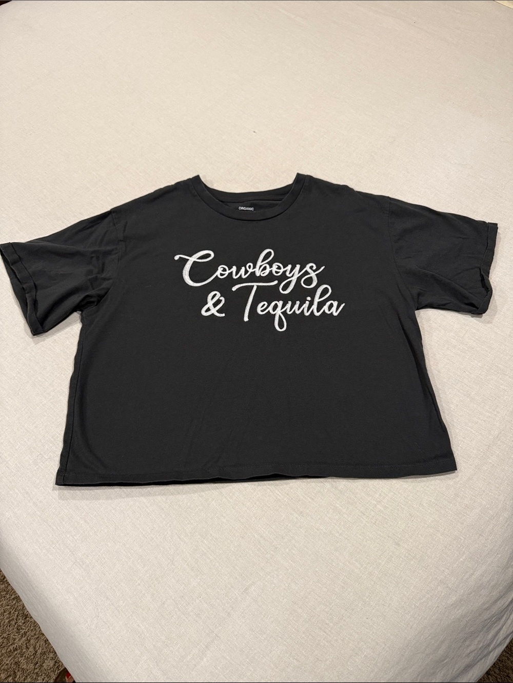 Organic Collective Cowboys & Tequila Graphic Crop Tee Black Size Large